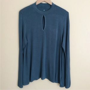 American Eagle Soft and Sexy Blue Long Sleeve Key Hole Mock Neck T Shirt Size XL